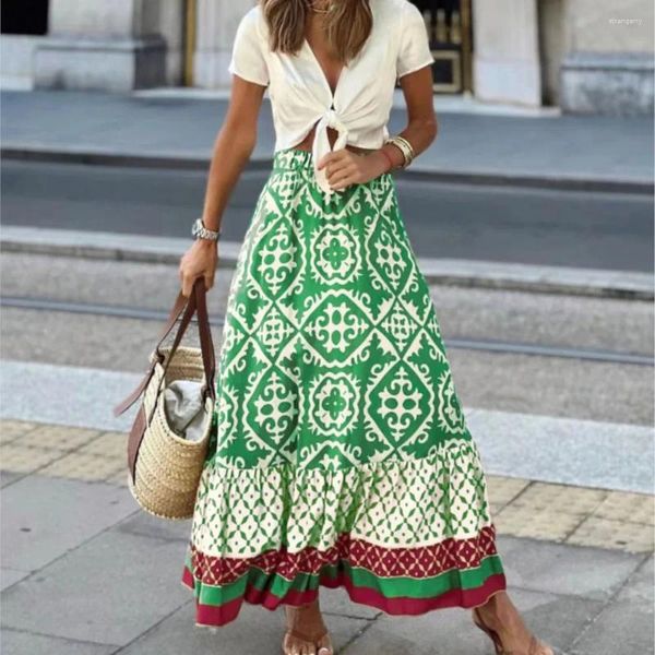 Faldas Boho estampado geométrico mujeres 2023 verano otoño cintura alta A-line dobladillo grande empalme falda plisada Casual vacaciones playa