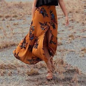 Rokken boho print lange vrouwen zomer strand bodems elastische taille zigeuner etnische bohemian dames maxi split rok visstaart