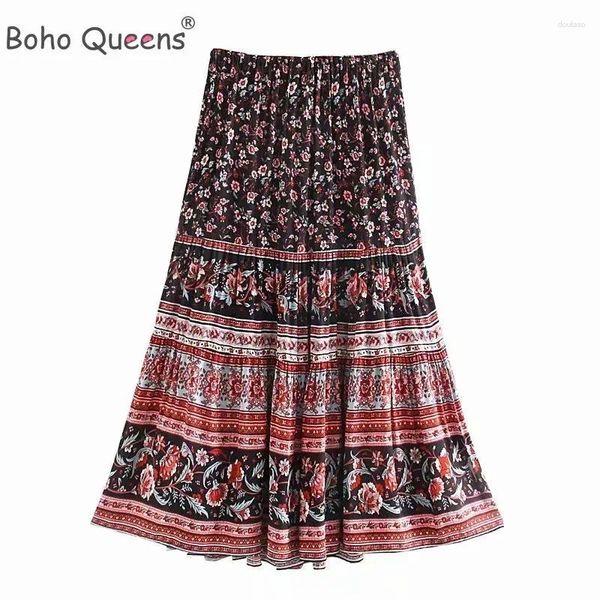 Faldas Boho Queens Moda Hippie Mujeres Playa Bohemia Negro Falda con estampado floral Cintura elástica alta A-Line Midi Femme