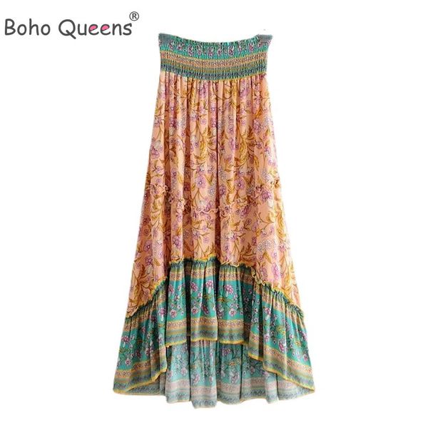 Jupes Boho Queens Mode Vintage Femmes Plage Bohème Floral Paon Imprimer Jupe Haute Taille Élastique Maxi ALine Femme 230607