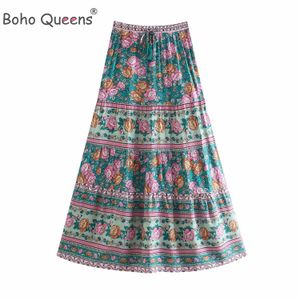 Jupes Boho Queens Hippie Femmes Rose Imprimé Floral Plage Bohème Jupe Plissée Dames Taille Haute Élastique ALine Rayon Maxi 230607