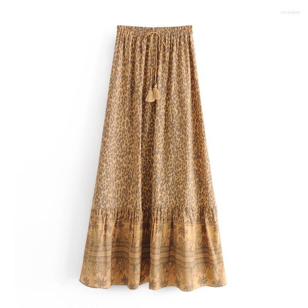 Jupes Boho femmes Hippie plage bohème léopard imprimé fleuri jupe longue plissée taille haute Maxi a-ligne Femme tenue de fête