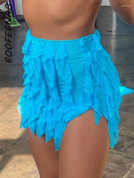 Faldas BOOFEENAA Falda asimétrica con volantes Y2K Chica Vacaciones Sexy Malla Sheer Slit Micro Mini Ropa para mujer Verano 2024 C85AF10