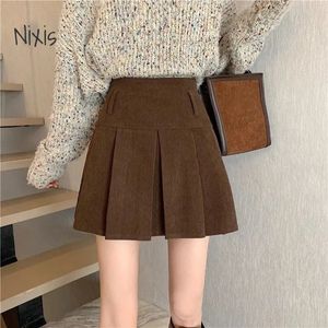 Jupes Jupe plissée en velours côtelé marron femmes Vintage mode coréenne bas décontracté taille haute Aline automne Mini Y2k vêtements 231025