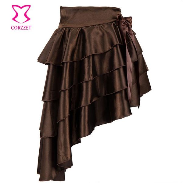 Jupes Marron Satin Arc Asymétrique À Volants Couches Sexy Corsets Et Bustiers Gothique Victorienne Jupe Lolita Steampunk Pour Les Femmes