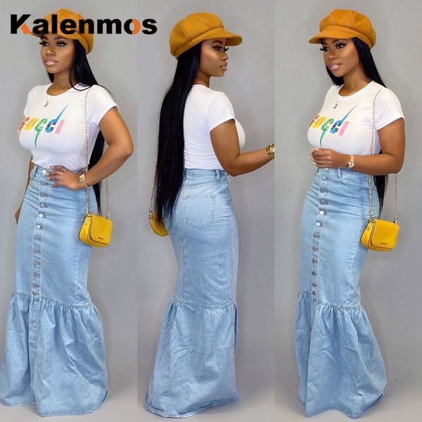 Faldas Bud Denim Jean KALENMOS Falda larga Stretch Vintage Bandage Slim Fit Blue Club Streetwear Sexy Harajuku Feminino 230408