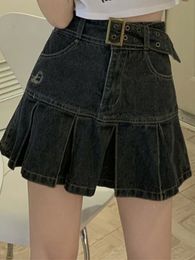 Jupes Papillon brodé épice fille jupe en jean été Harajuku mode fille Bar Club ceinture plissée jupe plissée Vintage années 90 230422