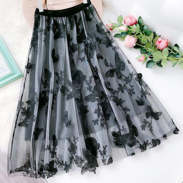 Jupes papillon broderie jupe femmes élégant style coréen dame maille noir gothique plissé longue maxi boho tulle