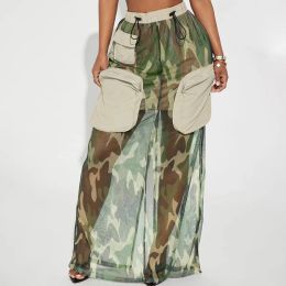 Faldas Camuflaje Malla Ver a través de falda larga de carga 2023 Moda de verano 3D Bolsillo Costura Elástico Cordón Split Vestido Streetwear