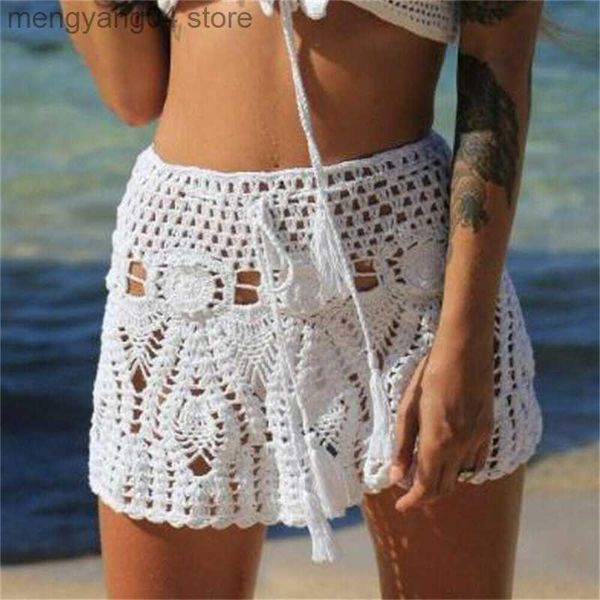 Faldas Color caramelo hecho a mano de algodón de punto de ganchillo Mini faldas de verano de mujer ahueca hacia fuera la falda de playa de cintura alta fondos blancos 2020 T230506