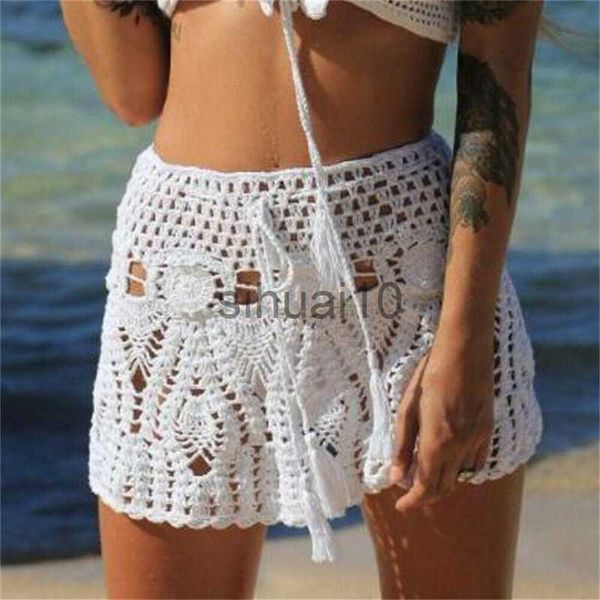 Faldas Color caramelo hecho a mano de algodón de punto de ganchillo Mini faldas de verano de mujer ahueca hacia fuera la falda de playa de cintura alta fondos blancos 2020 J230621