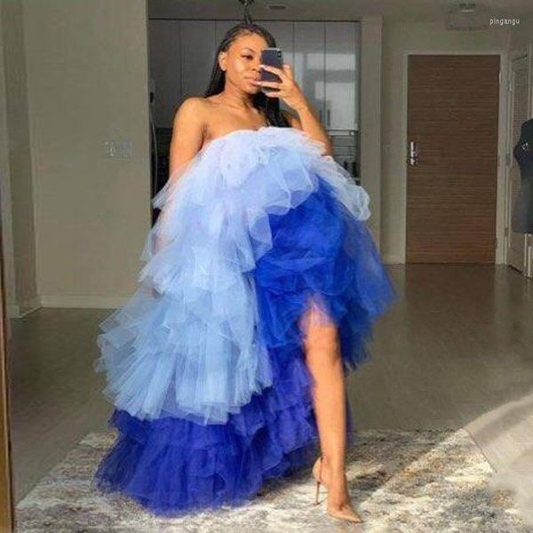 Jupes Bonbons Coloré Bleu Maxi Jupe Femmes Robe Sans Bretelles À Niveaux Puffy Tulle Tutu Haut Bas Robes De Bal Lush Saia Plus La Taille Sur Mesure