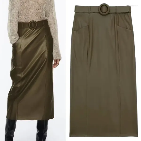 Faldas Casual con cinturón de cuero de imitación falda lápiz mujeres otoño cintura alta cinturón tonal largo bolsillo delantero sin terminar dobladillo maxi