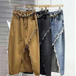 Faldas jean casual para mujeres altas de cintura alta del frente de guión