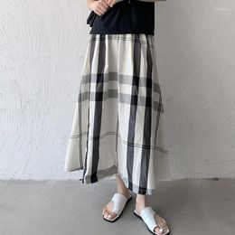 Rokken Casual Lang Voor Vrouwen Zomer 2023 Elastische Taille Contrast Kleur Geruite Maxi Rok Koreaanse Stijl Losse Fit Vrouwelijke Kleding