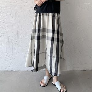 Faldas largas informales para mujer, verano 2023, cintura elástica, contraste de Color, falda Maxi a cuadros, estilo coreano, ropa femenina holgada