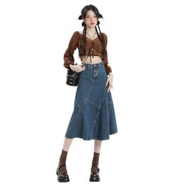 Jupes Casual Long Jean Jupe Denim Femmes Trompette Jupes Taille Haute À Volants Parti Solide Longue Jupes D'été Midi Saia Feminina 230313