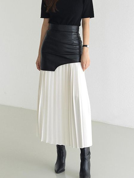 Faldas Casual Patchwork PU falda de cuero para mujer cintura alta Midi pliegues plisado mujer 2023 primavera moda estilo de ropa
