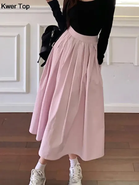 Jupes décontractées rose plissé A-Line Summer Femme Sweet High Taist Couleur solide Big Hem 2024 Fashion Loose Clothing