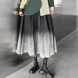 Jupes décontractées vintage féminines A-ligne - Gradient à franges hauts plissés au printemps automne