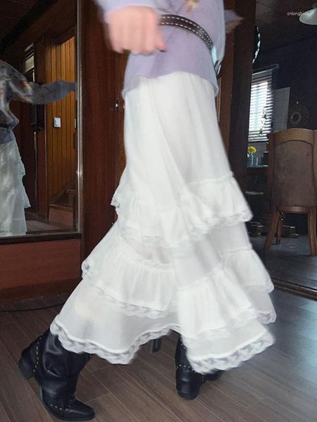 Jupes décontractées femmes solide robe de bal jupe longue tulle taille haute plissée tutu élégant dames dentelle blanche datant maxi goutte