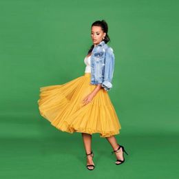 Jupes décontracté jaune Midi Tulle femmes 2021 été mode genou longueur doux jupe élastique sur mesure Tutu Maxi