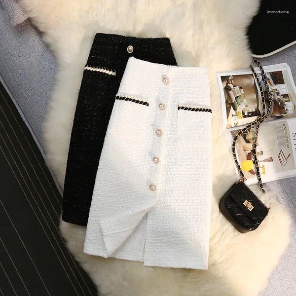 Faldas Chaney Elegante Tweed Botones Bolsillos Blanco Hasta la rodilla Oficina Señora Cintura alta Una línea Lápiz Faldas Para Mujeres