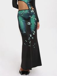 Rokken Cheekdourl Women Summer Y2K Dark Green Tiedye gradiënt 3D Water Drop Body Print Design Sense Bag Hip Maxi Rok 2023 230420