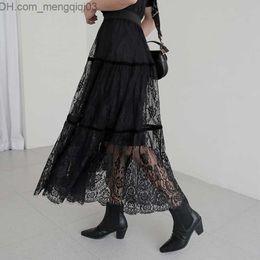 Faldas CHEERART encaje negro Midi señoras mujeres alta coreana cintura elástica falda larga ropa Z230705
