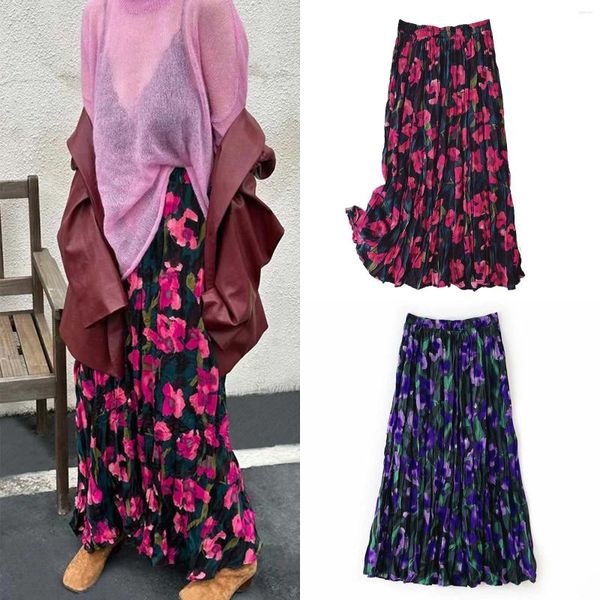 Jupes chic vintage motif floral imprimé plissé maxi la mode féminine élastique haute taille boho jupe holie bohemian plage