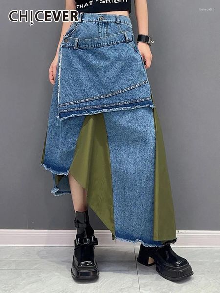 Jupes CHICEVER Patchwork Denim pour femmes taille haute épissé bouton lâche Hit couleur plis asymétrique été jupe mi-longue femme