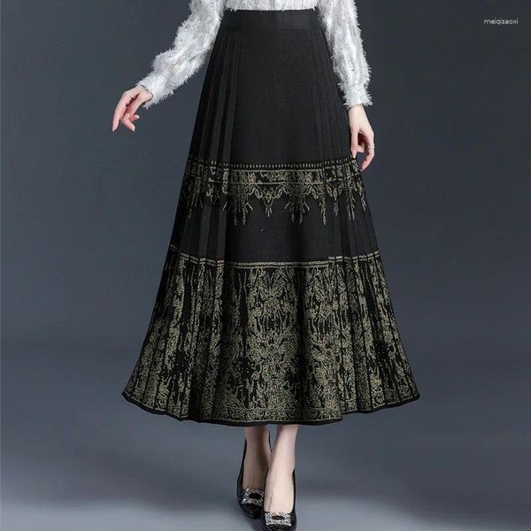 Jupes Chine-chic élastique taille haute broderie tricot laine jupe plissée femmes automne hiver élégant lâche grand ourlet Maxi 6706