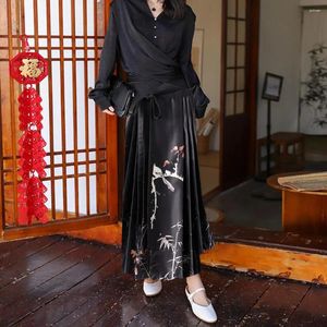 Faldas Falda china superpuesta elegante estilo vintage mujer maxi con estampado de cara de caballo cintura alta plisada con cordones