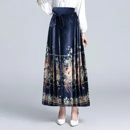 Rokken Chinese rok met Phoenix Print High Taille Hanfu geplooide veter paardengezicht vrouwelijk 2024 faldas para mujeres