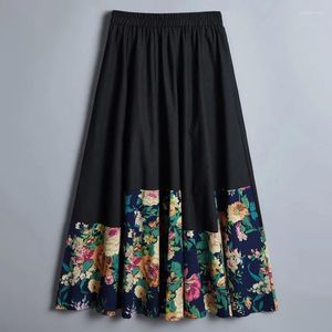 Jupes Style chinois grande balançoire épissage femmes jupe coton lin printemps été mode imprimé longue taille élastique femme