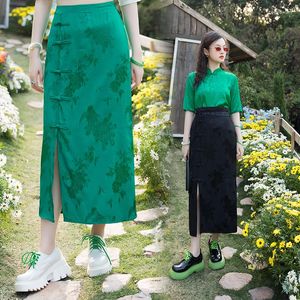 Jupes Style chinois rétro boucle ethnique vert jupe mi-longue pour les femmes 2023 été femme Chic paon Jacquard une étape fente