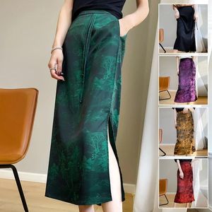 Faldas estilo chino verano vintage mujeres maxi falda lateral satinado cheongsam jacquard tejido bodycon largo streetwear