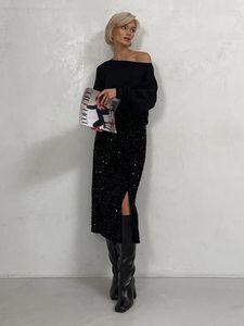 Jupes de Noël doublées midi jupe à paillettes femmes noir argent fente latérale robes de soirée élégantes pour 2023