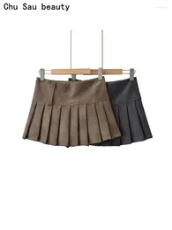 Faldas Chu Sau Beauty 2024 Fashion Fashion Sweet Pleated PU Mini falda Sexy Slim Short Shad Side Skorts Skorts