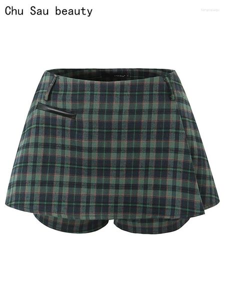 Jupes chu saubeau 2024 femmes mode morsure plaid à plaid mini jupe sexy slim basse taille short chic skort plissé skort