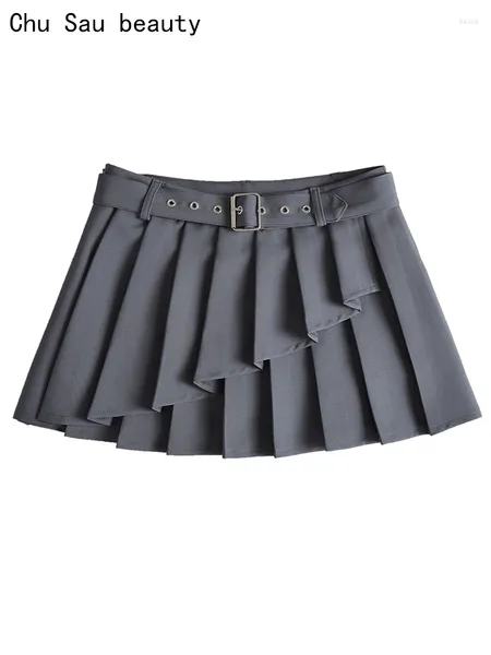 Jupes chu saubeau 2024 femmes mode mouche douce plire mini jupe sexy basse gris gris skorts chic sash y2k super short