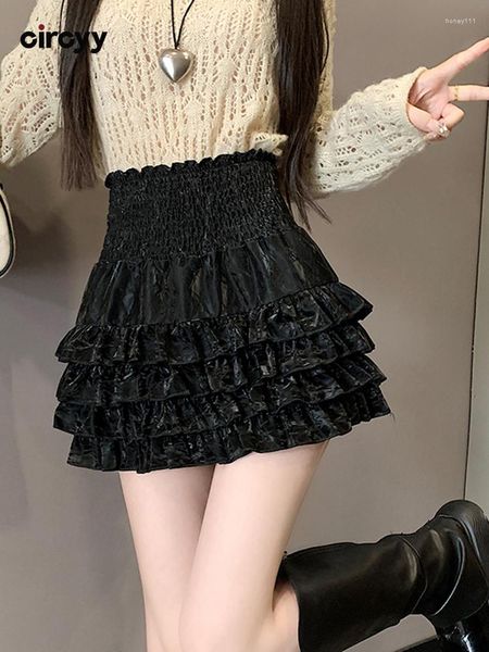 Jupes Circyy Mini jupe femmes 2023 automne hiver taille haute solide plissé volants robe de bal avec doublure en cuir coréen