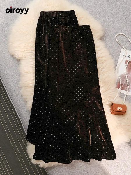 Faldas Circyy Falda Mujer 2023 Otoño Invierno Moda Cintura Elástica Trompeta Brillante Elegante Vintage Chic Volantes Sólidos