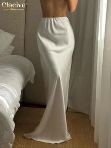 Rokken clacive casual witte satijnen damesrok 2024 mode losse hoge taille maxi elegante eenvoudige slik faldas vrouwelijke kleding