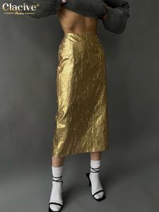 Jupes Clacive mode mince or femmes jupe élégant Chic taille haute Midi jupes Streetwear Vintage Faldas jupe femme vêtements 230412