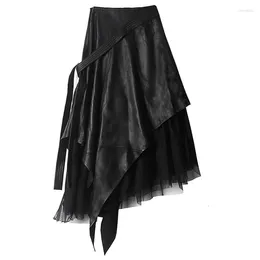 Rokken coigarsam dames rok spring streetwear vintage solide patchwork hoge taille stretch mesh zwart