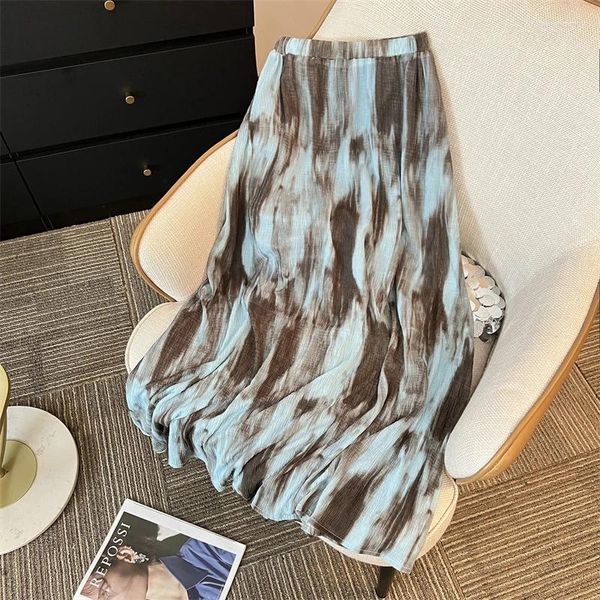 Jupes Coigarsam Women Jupe Summer 2024 Office Lady Solid Patchwork Tie Dye Folds High Taist Blue Grey