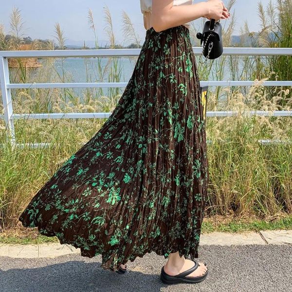 Jupes Coigarsam Women Jupe Summer 2024 Office Lady Korea Style Patchwork Floral Prime Folds High Taist Black Green