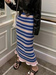 Jupes colorées rayées tricotées jupe longue femme automne et hiver 2024 a-ligne noir mince mode élégant chaud midi