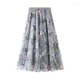 Faldas Comelsexy 2024 primavera otoño libélula bordado tul mujeres largo cintura alta elegante A-Line paraguas malla falda femenina